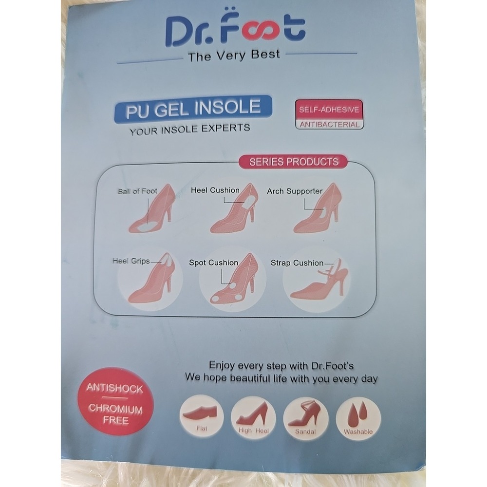 Dr. Foot PU Gel Insole, Self-Adhesive, Antibacterial, Washable,‎ 2 Pairs